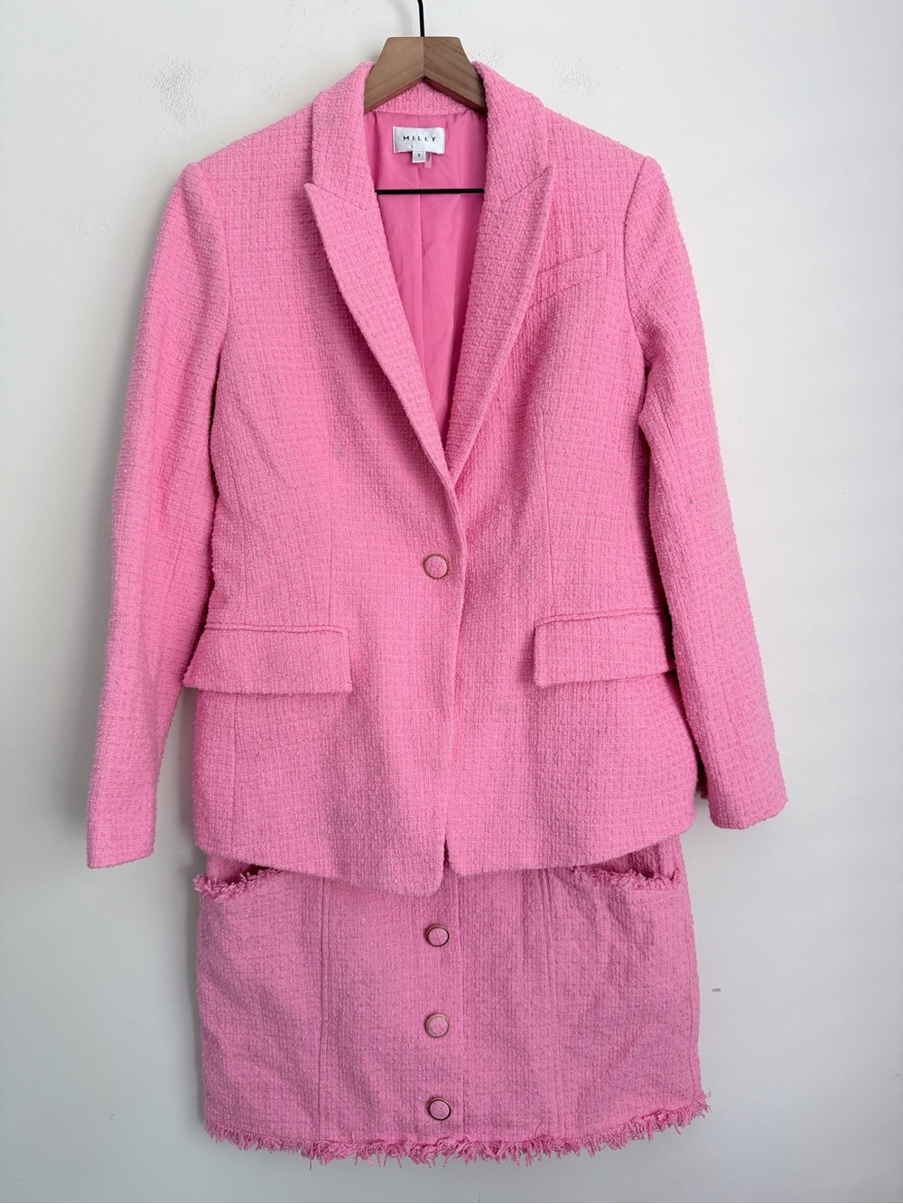 MILLY Avery Boucle Blazer skirt Set Pink Tweed Women's 8